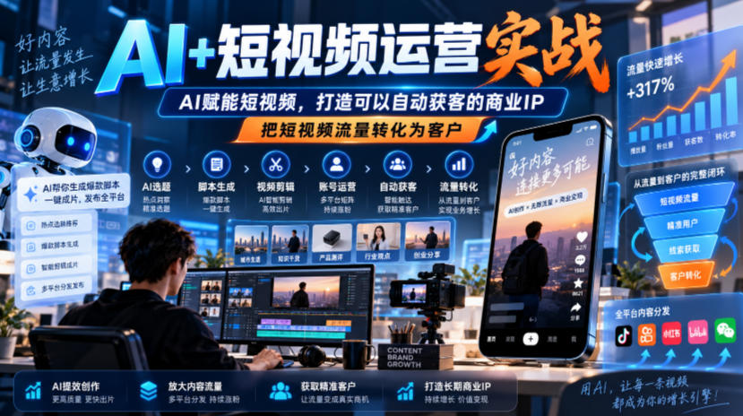 AI+短视频运营实战，AI赋能短视频，打造可以自动获客的商业IP，把短视频流量转化为客户|一人科技OPC聚合软件