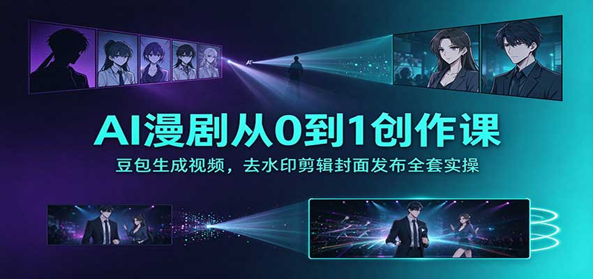 AI漫剧从0到1创作课：豆包生成视频，去水印剪辑封面发布全套实操|一人科技OPC聚合软件