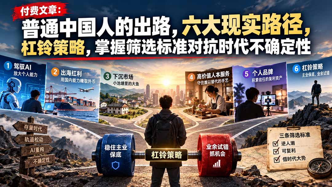 付费文章：普通中国人的出路，六大现实路径，杠铃策略，掌握筛选标准对抗时代不确定性|一人科技OPC聚合软件
