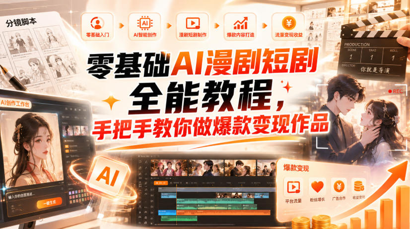 零基础AI漫剧短剧全能教程，从AI智能体搭建、文案脚本分镜、多平台AI生视频、剪映精修，覆盖全题材创作，手把手教你做爆款变现作品|一人科技OPC聚合软件