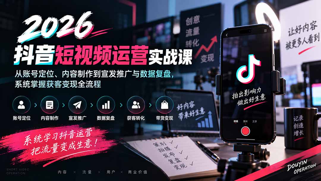 2026抖音短视频运营实战课：从账号定位、内容制作到宣发推广与数据复盘，系统掌握获客变现全流程|一人科技OPC聚合软件