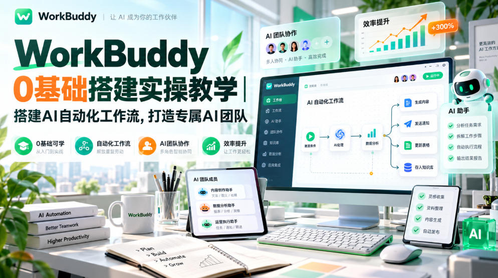WorkBuddy 0基础搭建实操教学｜搭建AI自动化工作流，打造专属AI团队|一人科技OPC聚合软件
