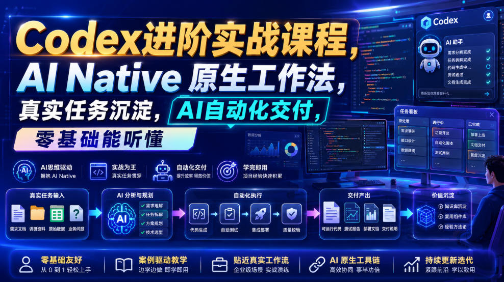 Codex进阶实战课｜AI Native原生工作法，22节真实任务落地，从配置到AI自动化交付全链路教程|一人科技OPC聚合软件