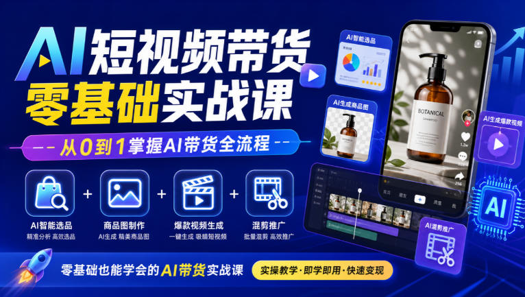 AI短视频带货零基础实战课｜AI智能选品+商品图制作+爆款视频生成+混剪推广，从0到1掌握AI带货全流程|一人科技OPC聚合软件