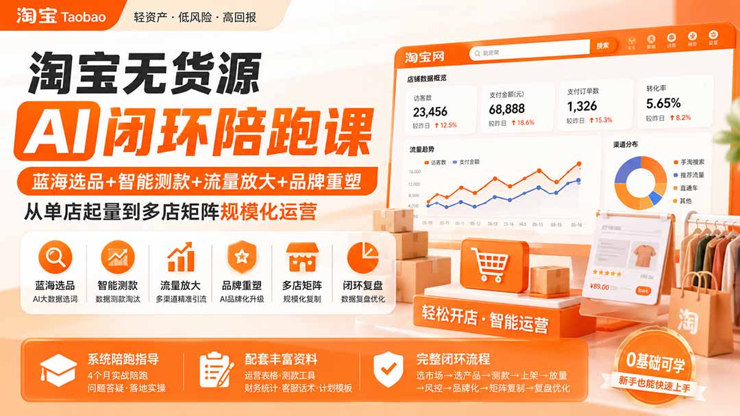 淘宝无货源AI闭环陪跑课：蓝海选品+智能测款+流量放大+品牌重塑，从单店起量到多店矩阵规模化运营|一人科技OPC聚合软件