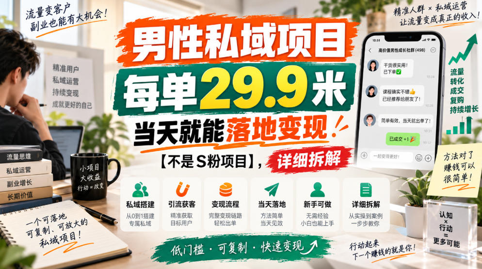 男性私域项目，每单29.9米，当天就能落地变现【不是S粉项目】，详细拆解|一人科技OPC聚合软件
