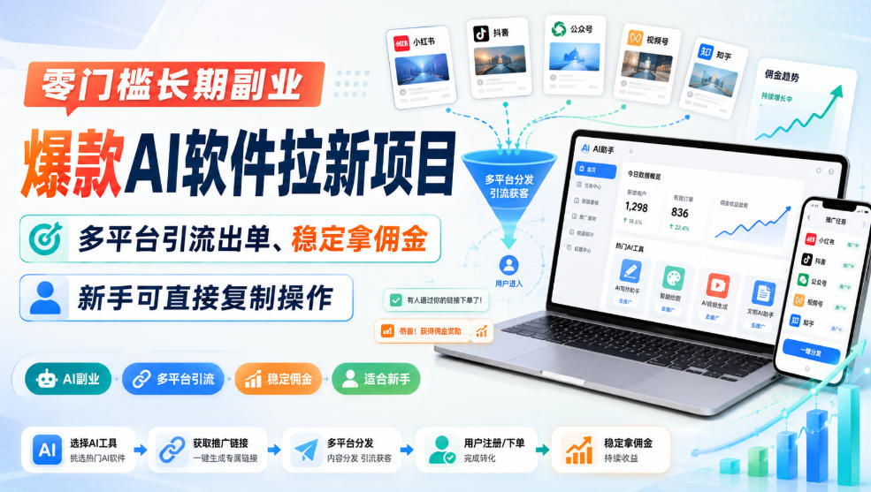 零门槛长期副业，爆款AI软件拉新项目，多平台引流出单、稳定拿佣金，新手可直接复制操作|一人科技OPC聚合软件