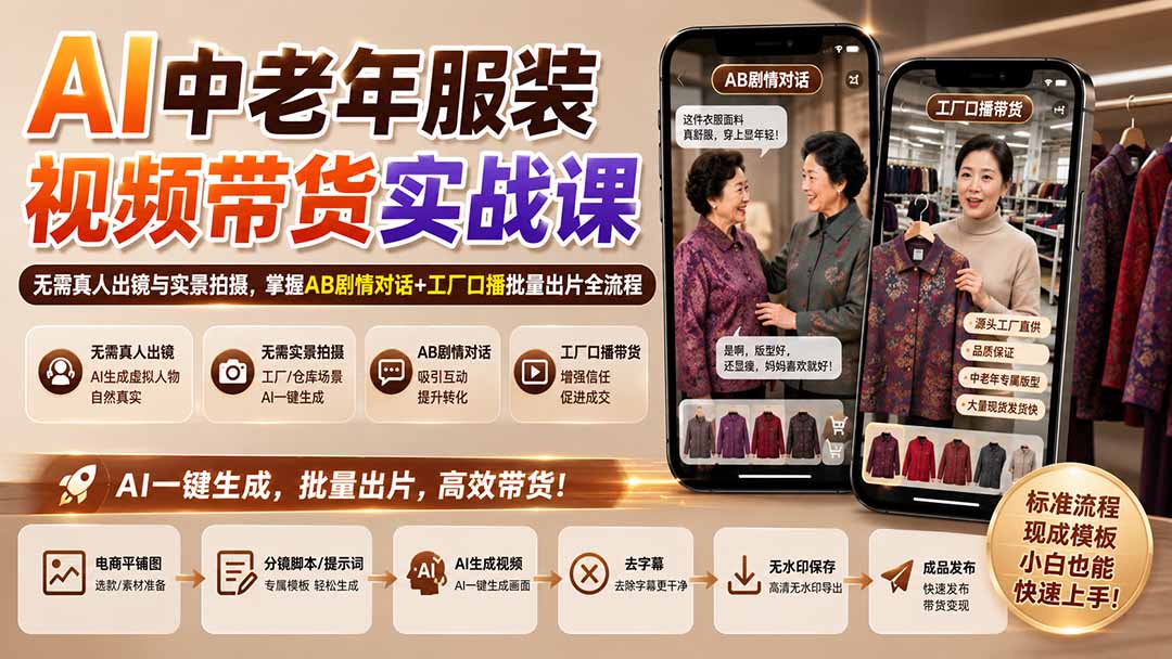 AI中老年服装视频带货实战课：无需真人出镜与实景拍摄，掌握AB剧情对话+工厂口播批量出片全流程|一人科技OPC聚合软件