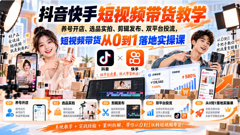 抖音快手短视频带货教学｜养号开店、选品实拍、剪辑发布、双平台投流，短视频带货从0到1落地实操课|一人科技OPC聚合软件