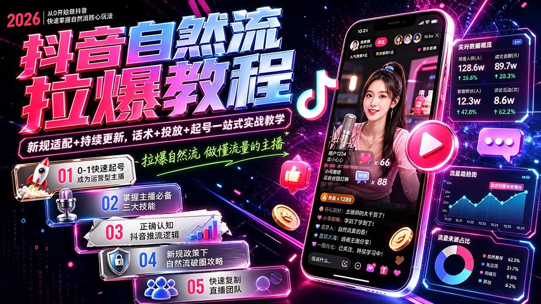 抖音自然流拉爆教程-更新9月：做懂流量的主播，新规适配+持续更新，话术+投放+起号一站式实战教学|一人科技OPC聚合软件