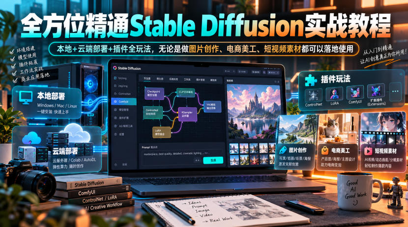 全方位精通Stable Diffusion实战教程｜本地+云端部署+插件全玩法，无论是做图片创作、电商美工、短视频素材都可以落地使用|一人科技OPC聚合软件