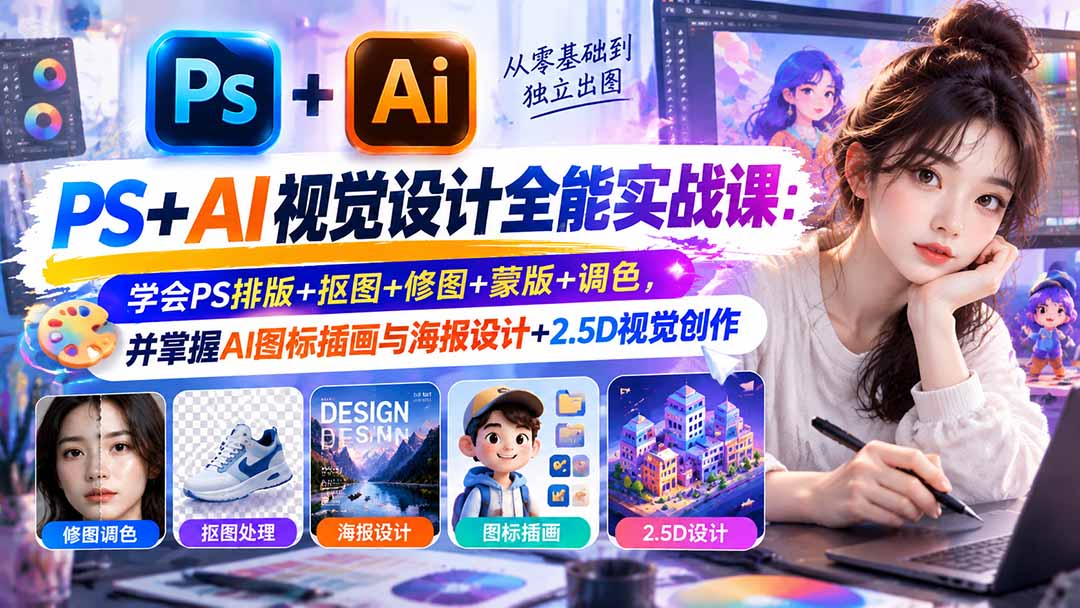 【无水印】PS+AI视觉设计全能实战课：学会PS排版+抠图+修图+蒙版+调色，并掌握AI图标插画与海报设计+2.5D视觉创作|一人科技OPC聚合软件