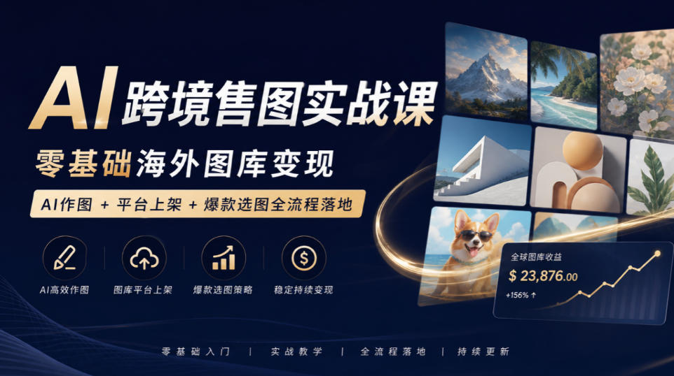 AI跨境售图实战课，零基础海外图库变现，AI作图+平台上架+爆款选图全流程落地|一人科技OPC聚合软件