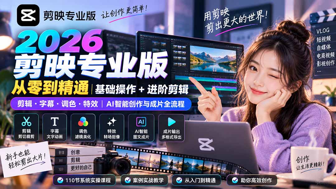 2026剪映专业版从零到精通｜基础操作+进阶剪辑｜剪辑·字幕·调色·特效｜AI智能创作与成片全流程|一人科技OPC聚合软件
