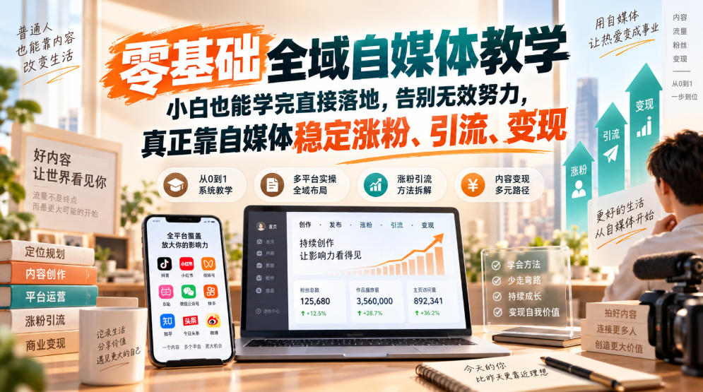 零基础全域自媒体教学，小白也能学完直接落地，告别无效努力，真正靠自媒体稳定涨粉、引流、变现|一人科技OPC聚合软件