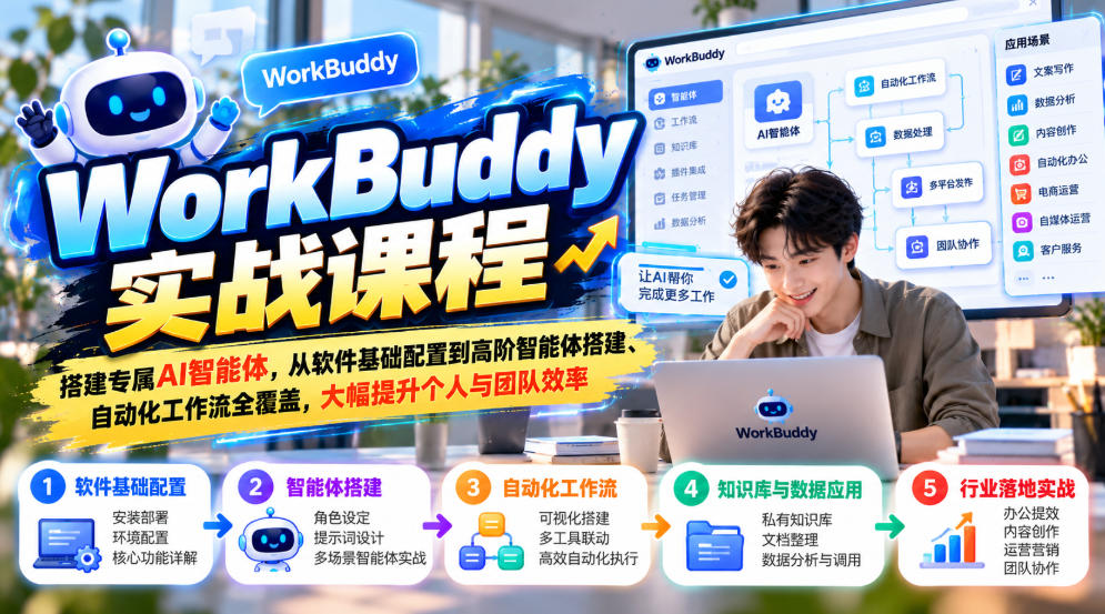 WorkBuddy实战课程，搭建专属AI智能体，从软件基础配置到高阶智能体搭建、自动化工作流全覆盖，大幅提升个人与团队效率|一人科技OPC聚合软件