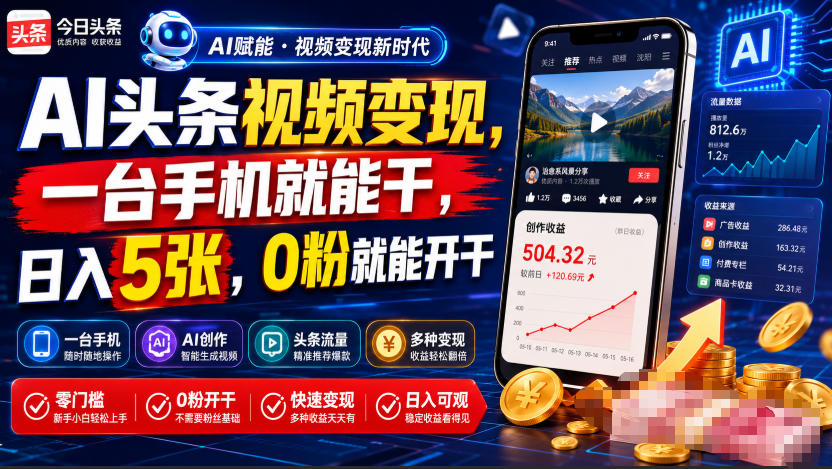 AI头条视频变现，一台手机就能干，日入5张，0粉就能开干|一人科技OPC聚合软件