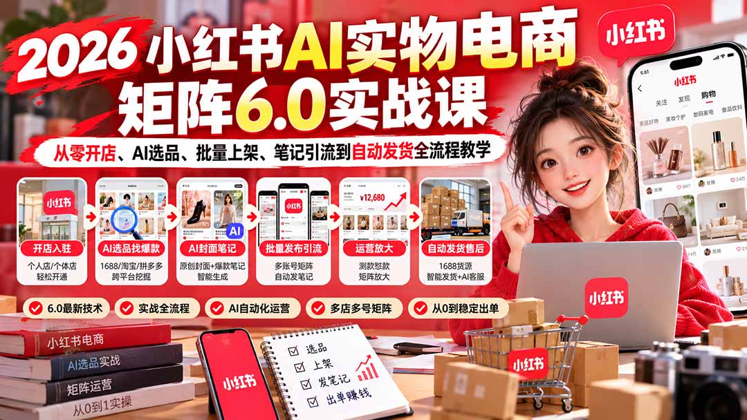 2026小红书AI实物电商矩阵6.0实战课：从零开店、AI选品、批量上架、笔记引流到自动发货全流程教学|一人科技OPC聚合软件