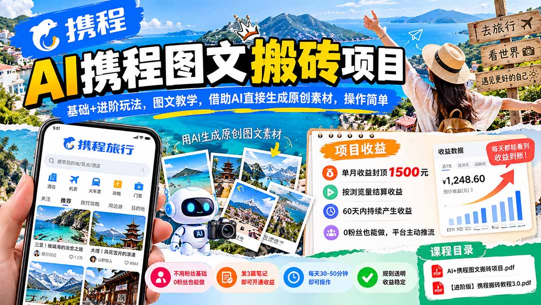 AI携程图文搬砖项目，基础+进阶玩法，图文教学，借助AI直接生成原创素材，操作简单|一人科技OPC聚合软件