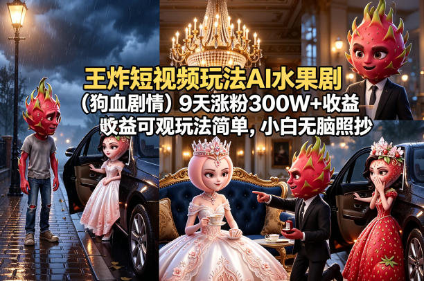 王炸短视频玩法AI水果剧(狗血剧情)9天涨粉300W+收益可观玩法简单，小白无脑照抄，详细拆解玩法|一人科技公司导航