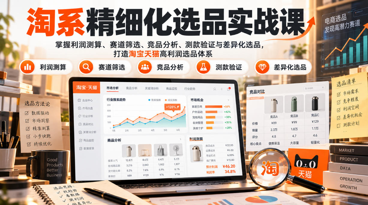 货架电商精细化选品实战课：掌握利润测算、赛道筛选、竞品分析、测款验证与差异化选品，打造淘宝天猫高利润选品体系|一人科技OPC聚合软件