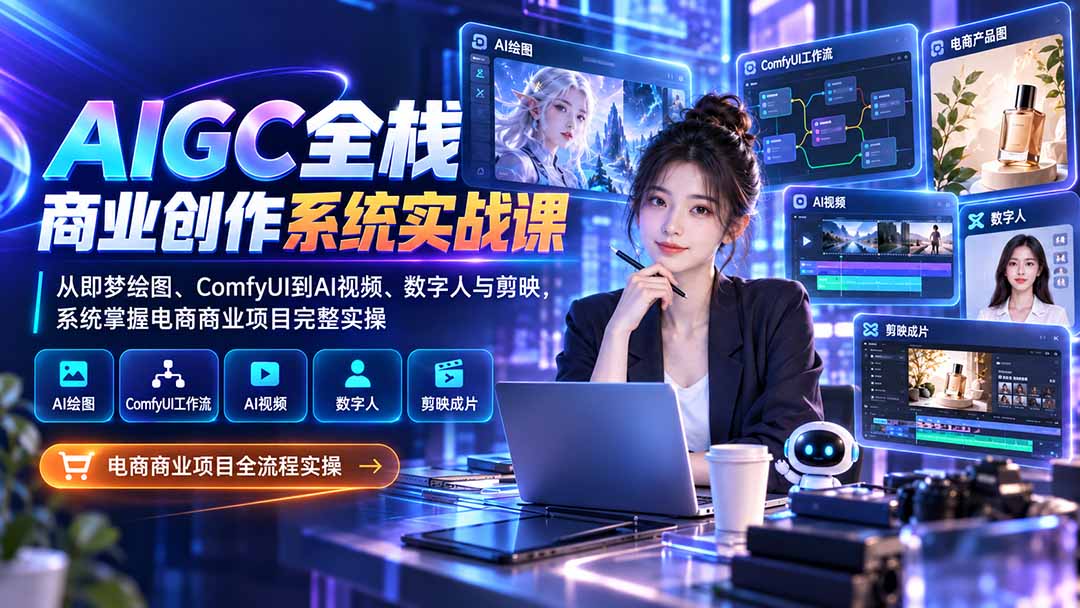 AIGC全栈商业创作系统实战课：从即梦绘图、ComfyUI到AI视频、数字人与剪映，系统掌握电商商业项目完整实操|一人科技OPC聚合软件