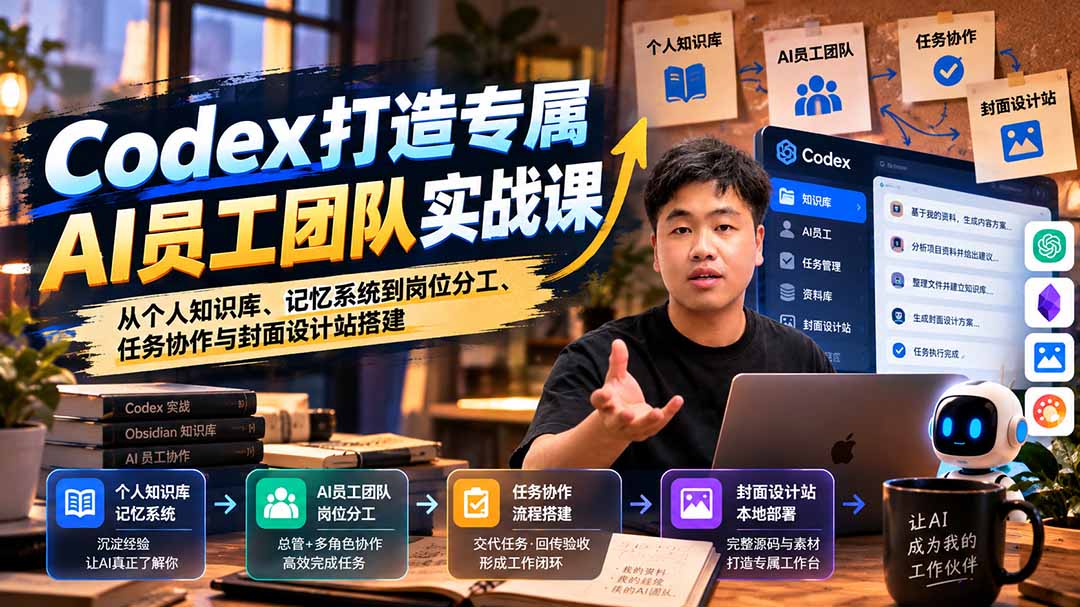【无水印】Codex打造专属AI员工团队实战课：从个人知识库、记忆系统到岗位分工、任务协作与封面设计站搭建|一人科技OPC聚合软件