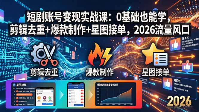 短剧账号变现实战课：0基础也能学，剪辑去重+爆款制作+星图接单，2026流量风口|协议软件打粉软件