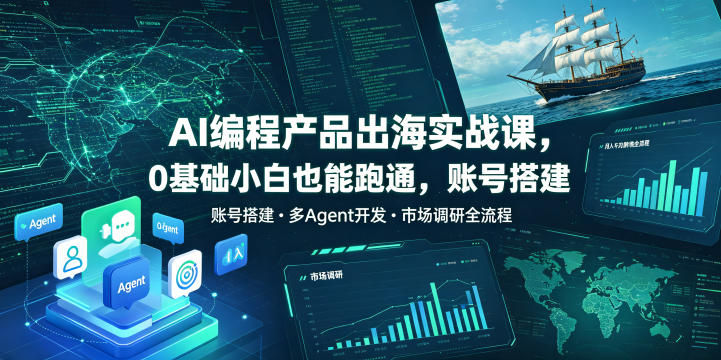 AI编程产品出海实战课，0基础小白也能跑通，账号搭建・多Agent开发・市场调研全流程，月入千刀跨境变现教程(更新0822)|一人科技OPC聚合软件