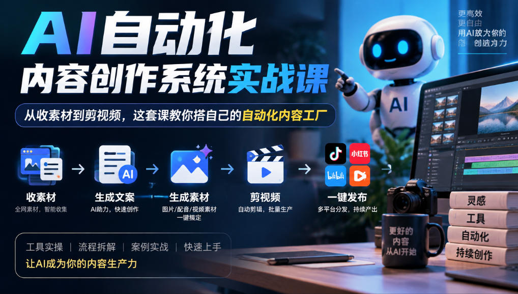 AI自动化内容创作系统实战课，从收素材到剪视频，这套课教你搭自己的自动化内容工厂|一人科技OPC聚合软件