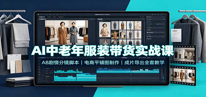 AI中老年服装带货实战课：AB剧情分镜脚本，电商平铺图制作，成片导出全套教学|一人科技OPC聚合软件