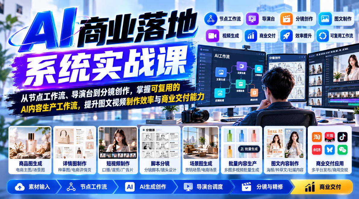 【无水印】AI商业落地系统实战课，从节点工作流、导演台到分镜创作，掌握可复用的AI内容生产工作流，提升图文视频制作效率与商业交付能力|一人科技OPC聚合软件