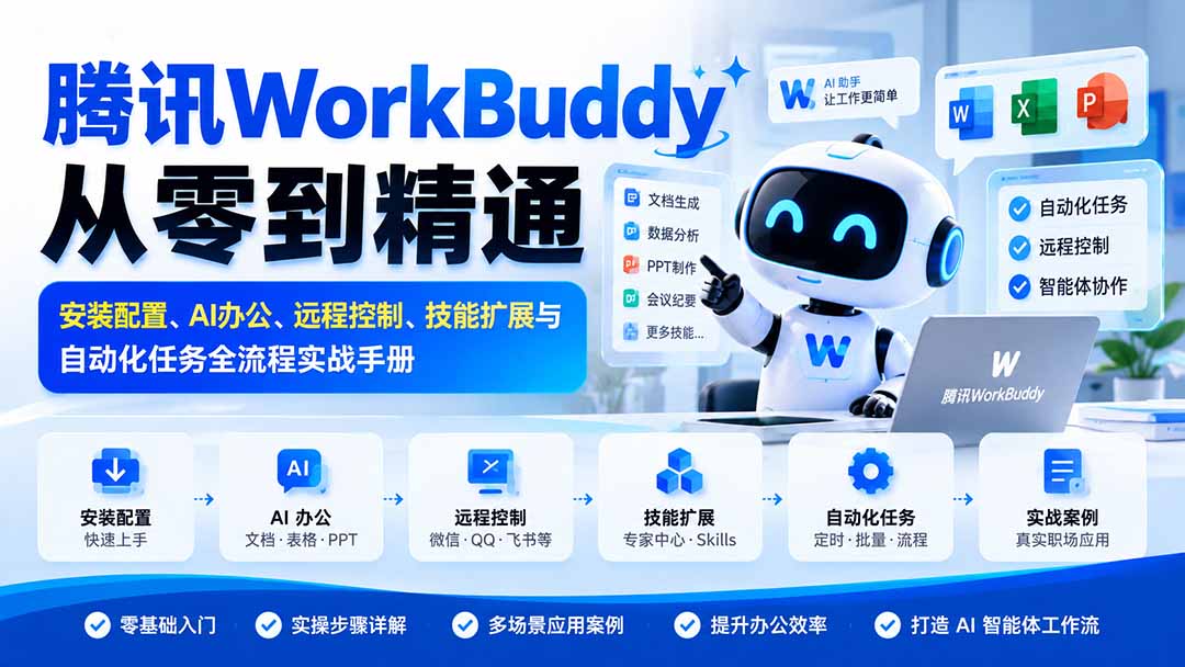 腾讯WorkBuddy从零到精通：安装配置、AI办公、远程控制、技能扩展与自动化任务全流程实战手册|一人科技OPC聚合软件
