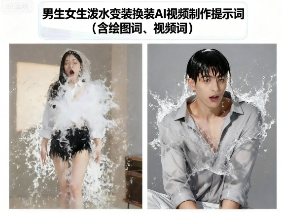 男生女生泼水变装换装AI视频制作提示词(含绘图词、视频词)|HOOK协议网