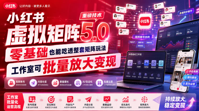 小红书虚拟矩阵5.0重磅技术，零基础也能吃透整套矩阵玩法，工作室可批量放大变现|一人科技OPC聚合软件