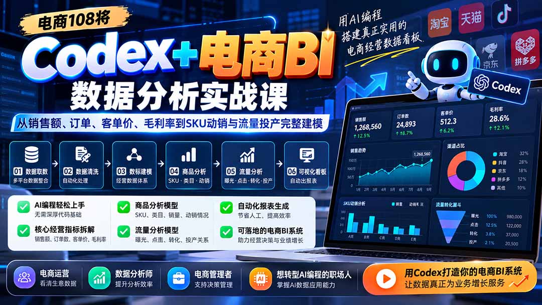 Codex+电商BI数据分析实战课-更新：从销售额、订单、客单价、毛利率到SKU动销与流量投产完整建模|一人科技OPC聚合软件