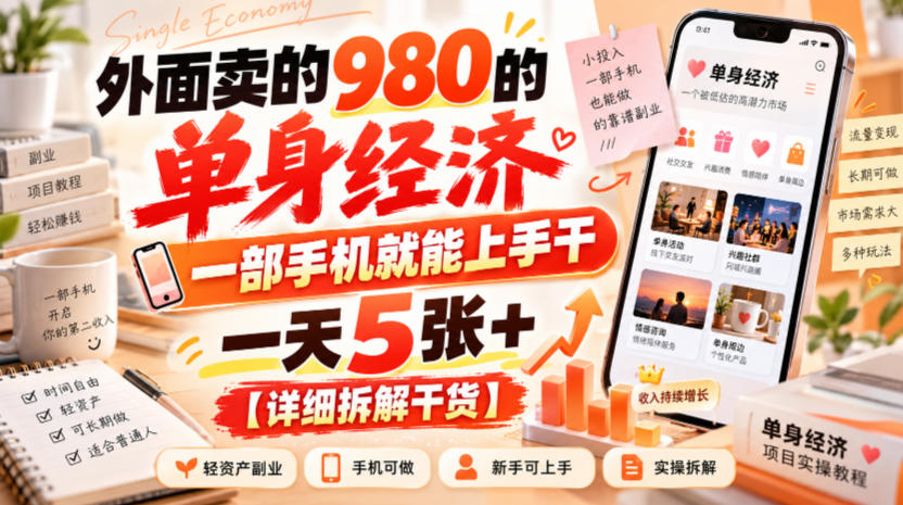 外面卖的980的单身经济，一部手机就能上手干，一天5张+【详细拆解干货】|一人科技OPC聚合软件