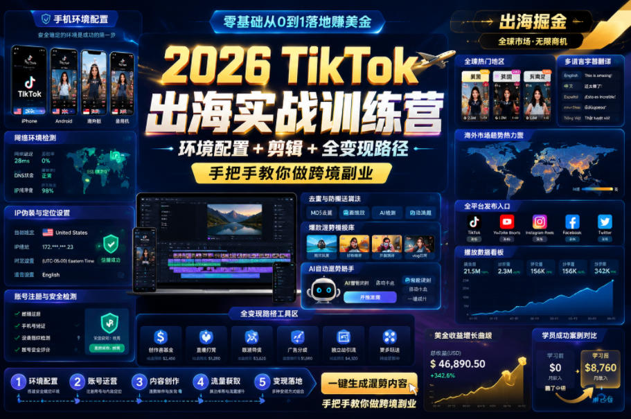 2026 TikTok出海实战训练营，环境配置 + 剪辑 + 全变现路径，手把手教你做跨境副业|一人科技公司导航