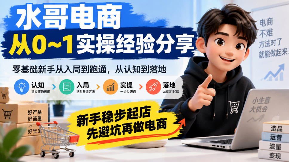 水哥电商从0~1实操经验分享，​零基础新手从入局到跑通，从认知到落地，新手稳步起店，先避坑再做电商|一人科技OPC聚合软件