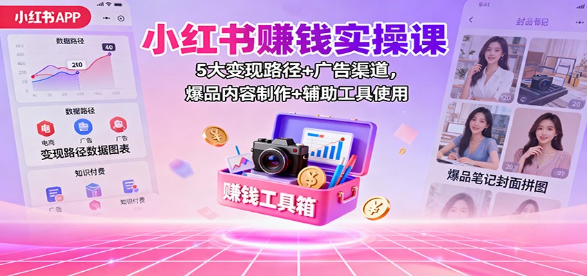 小红书赚钱实操课：5大变现路径+广告渠道，爆品内容制作+辅助工具使用|HOOK协议网