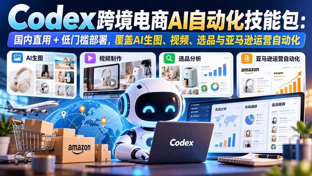 【无水印】Codex跨境电商AI自动化技能包：国内直用+低门槛部署，覆盖AI生图、视频、选品与亚马逊运营自动化|一人科技OPC聚合软件