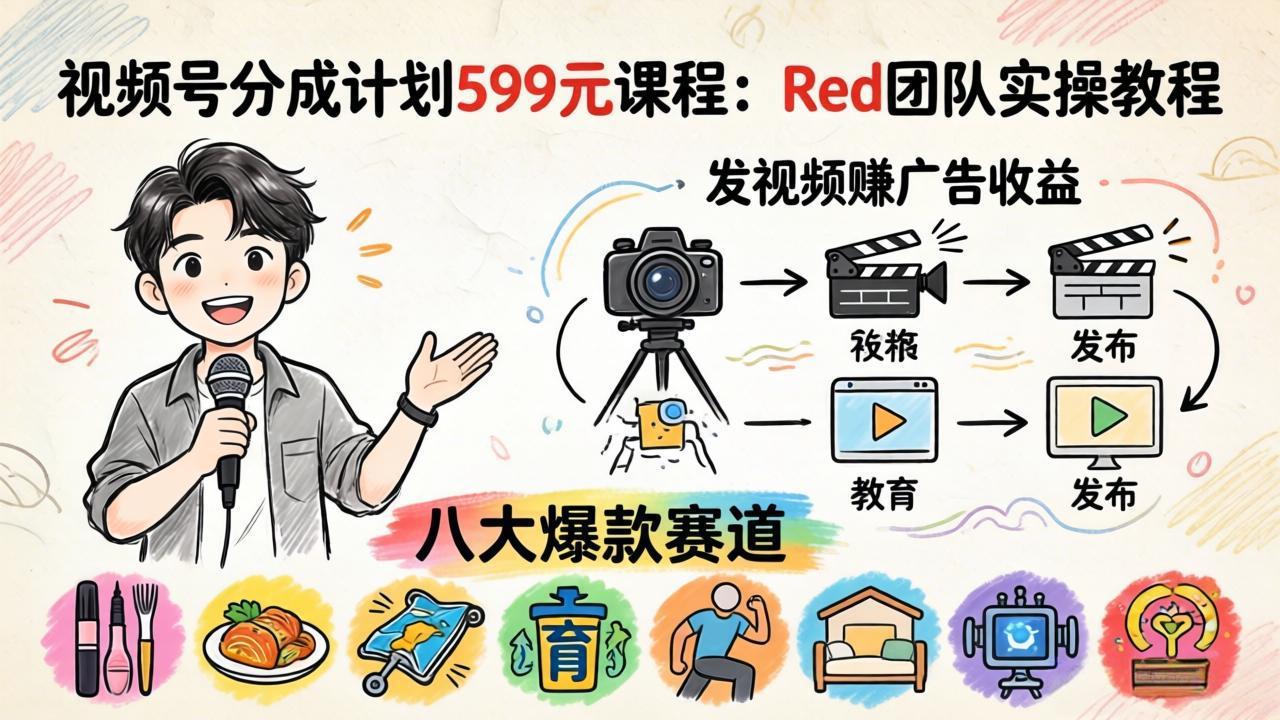 视频号分成计划599元课程：Red团队实操教程，发视频赚广告收益，八大爆款赛道全掌握|协议软件打粉软件