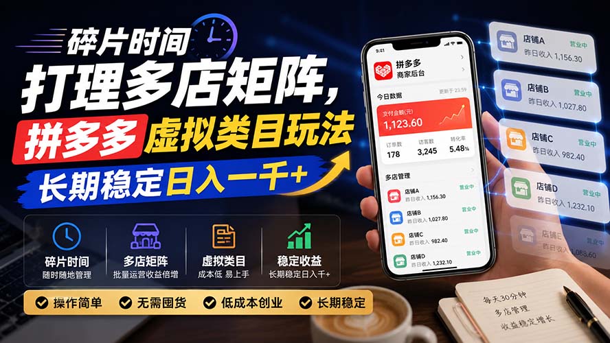 碎片时间打理多店矩阵，拼多多虚拟类目玩法，长期稳定日入一千+|一人科技OPC聚合软件