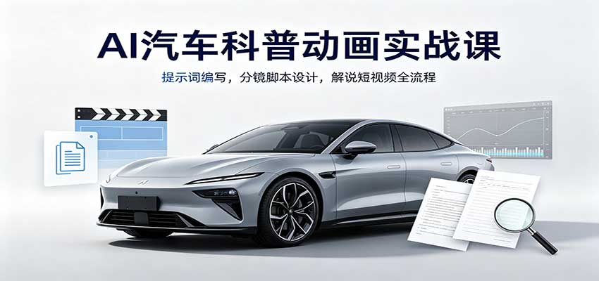 AI汽车科普动画实战课：提示词编写，分镜脚本设计，解说短视频全流程|一人科技OPC聚合软件