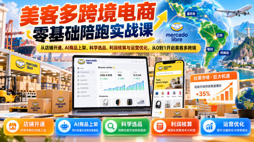 美客多跨境电商零基础陪跑实战课：从店铺开通、AI商品上架、科学选品、利润核算与运营优化，从0到1开启美客多跨境|一人科技OPC聚合软件