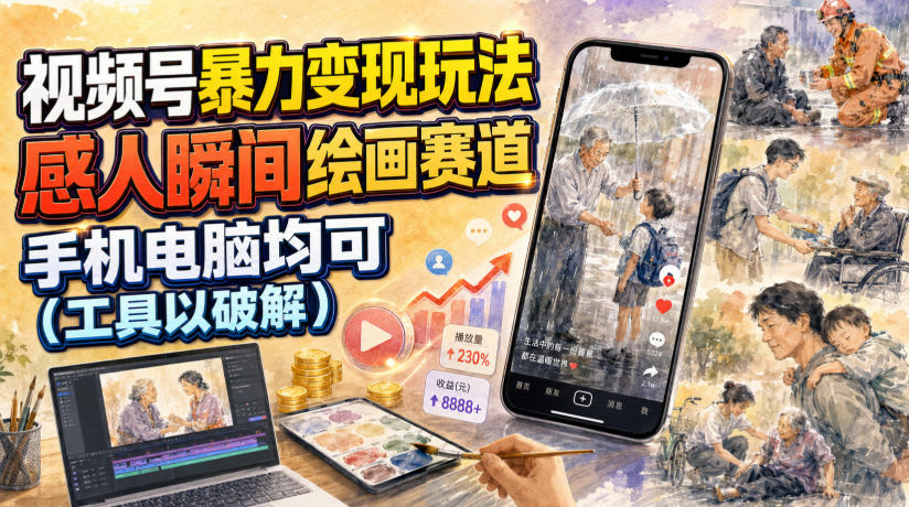 视频号暴力变现玩法，感人瞬间绘画赛道，手机电脑均可|一人科技OPC聚合软件