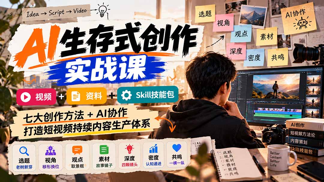 AI生存式创作实战课：视频+资料+Skill技能包，七大创作方法+AI协作，打造短视频持续内容生产体系|一人科技OPC聚合软件