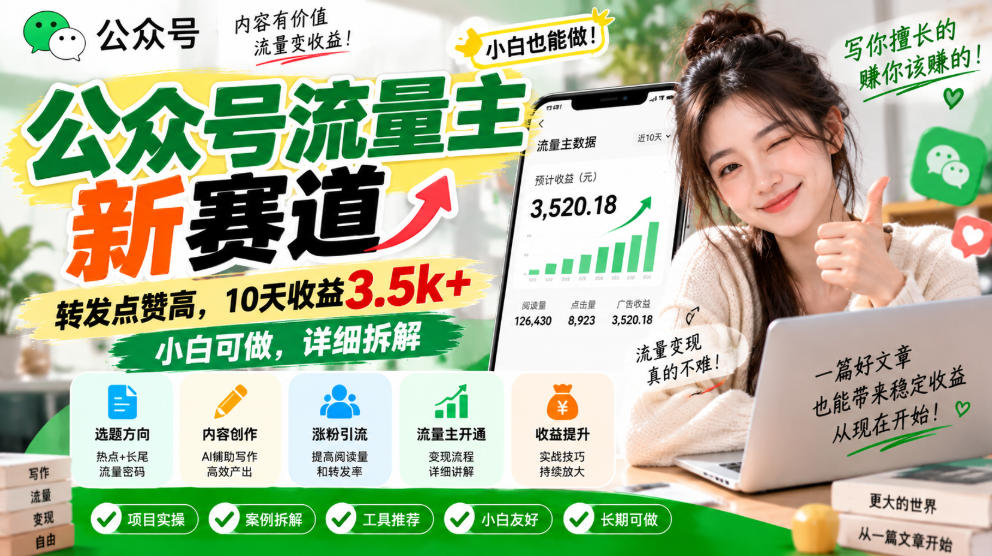 公众号流量主新赛道，转发点赞高，10天收益3.5k+小白可做，详细拆解|一人科技OPC聚合软件