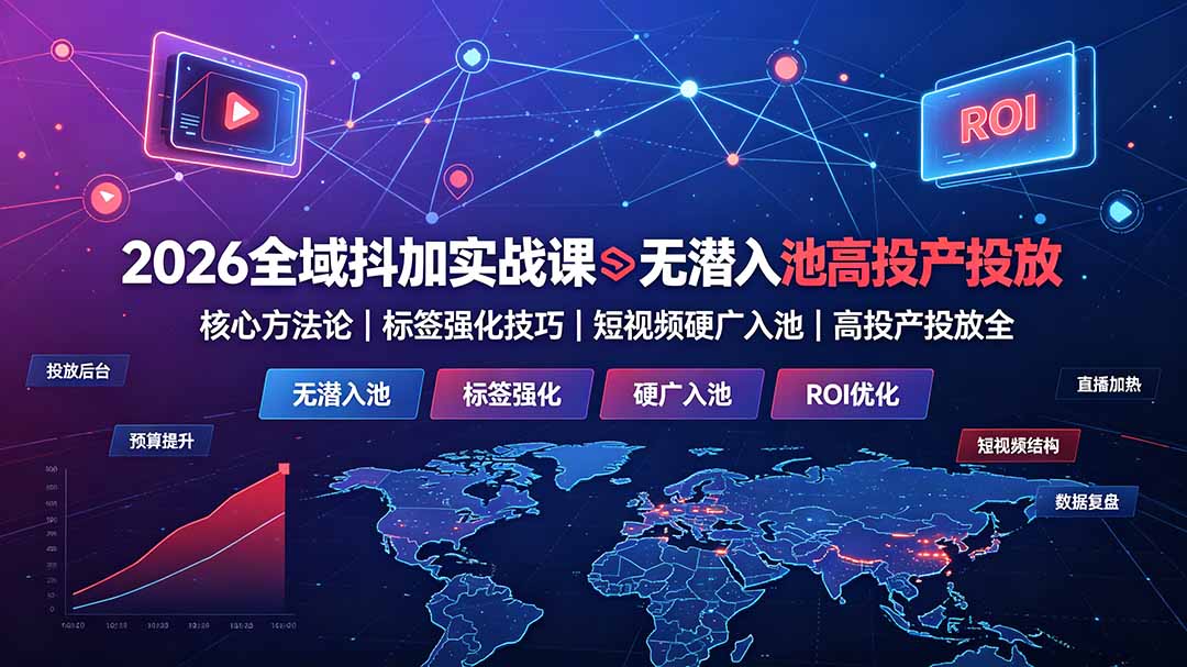 2026全域抖加实战课：无潜入池核心方法论｜标签强化技巧｜短视频硬广入池｜高投产投放全教程|一人科技OPC聚合软件