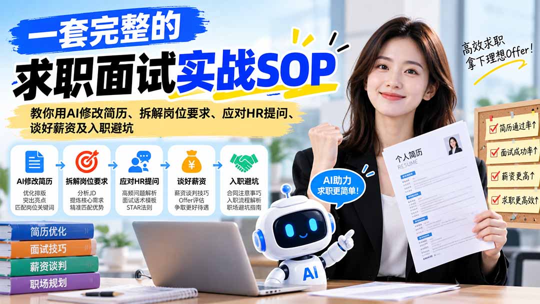 一套完整的求职面试实战SOP：教你用AI修改简历、拆解岗位要求、应对HR提问、谈好薪资及入职避坑|一人科技OPC聚合软件